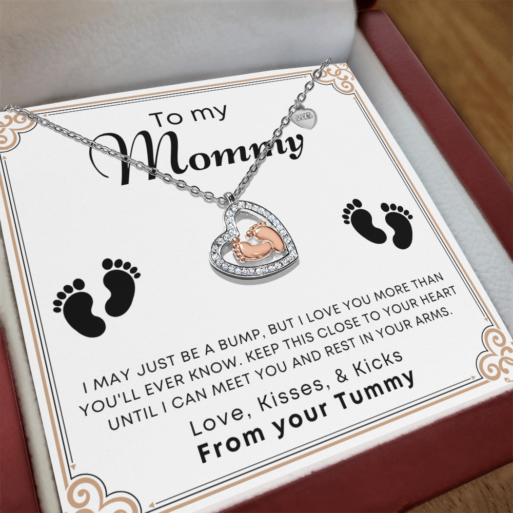 To My Mommy Baby Feet Heart Necklace, Heart Pendant Necklace, Baby Shower Gift